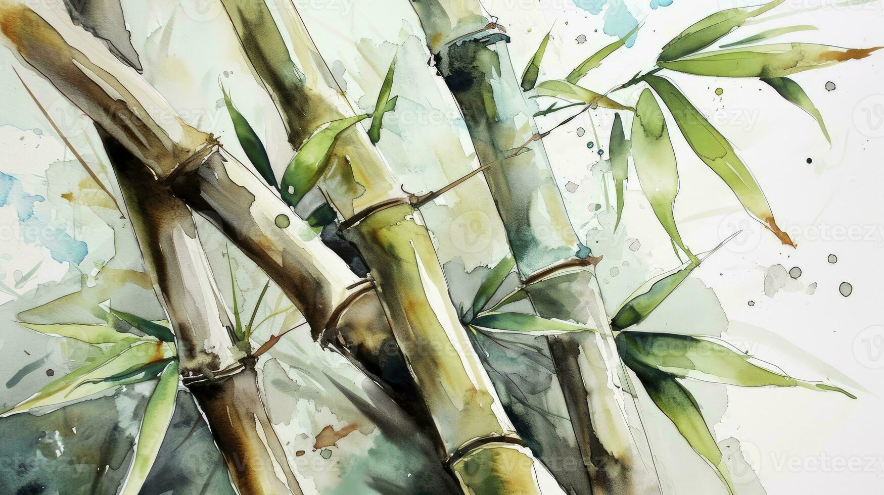 AI generated Watercolor bamboo with leaves photo