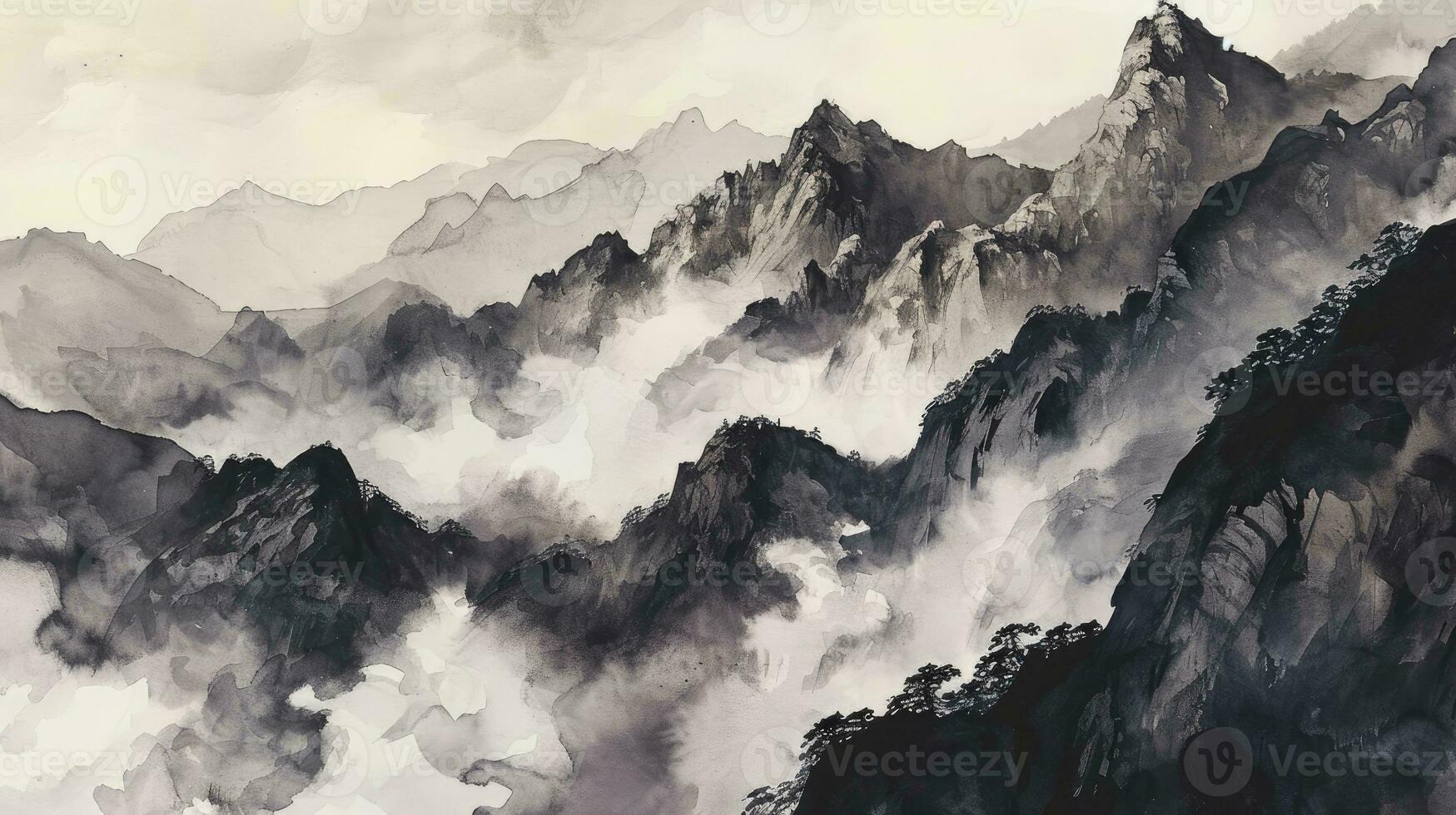 AI generated A watercolor landscape of serene mountains, inspired by the Chinese style of classical traditional ink painting. photo