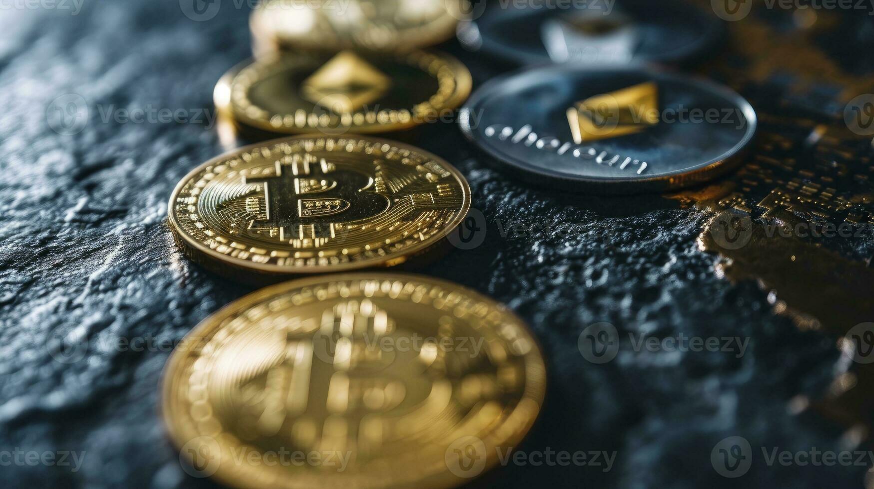 AI generated Symbolic cryptocurrency types represented as coins are lined up against dark background. photo