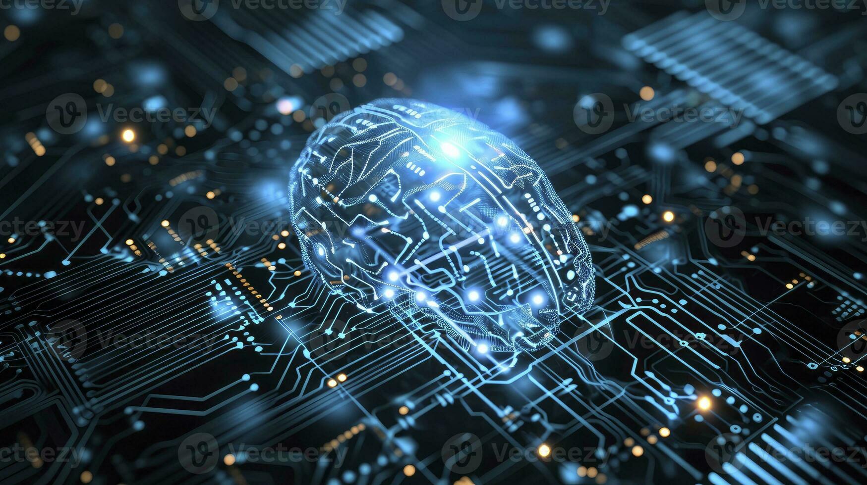 AI generated Futuristic Illustration of Artificial Intelligence Brain Concept with Digital Circuitry. AI brain circuit board icon illustration. photo
