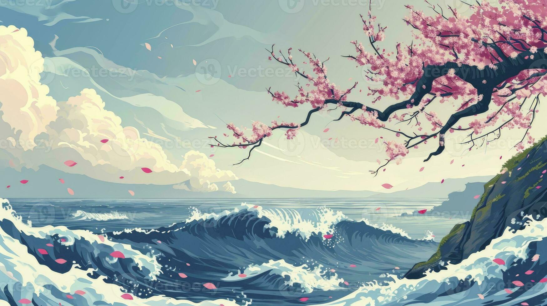 AI generated Abstract Hokusai style background. Waves, sea, pink sakura trees. photo