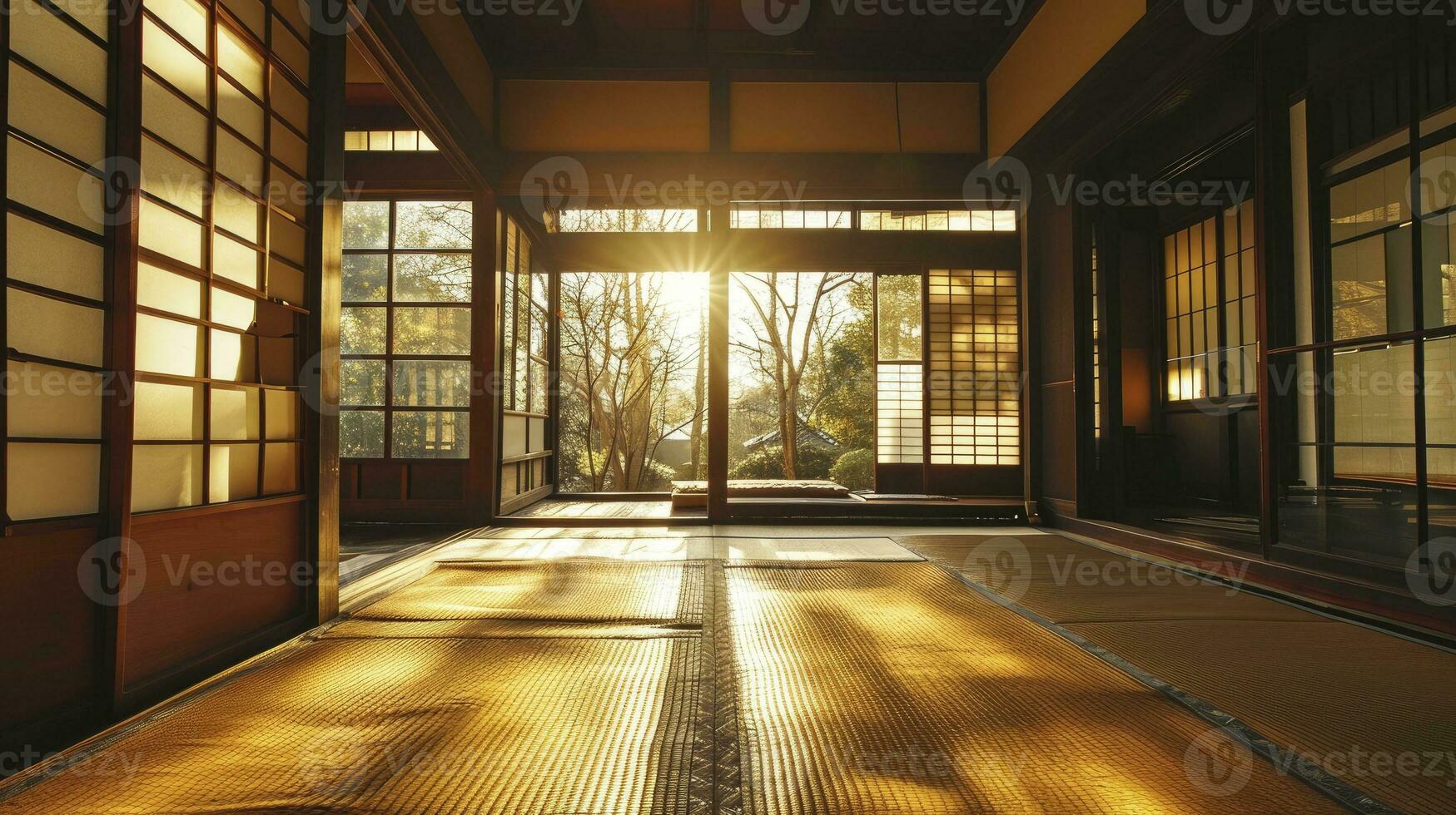 AI generated Traditional japanese empty room interior with tatami mats and sun light. photo