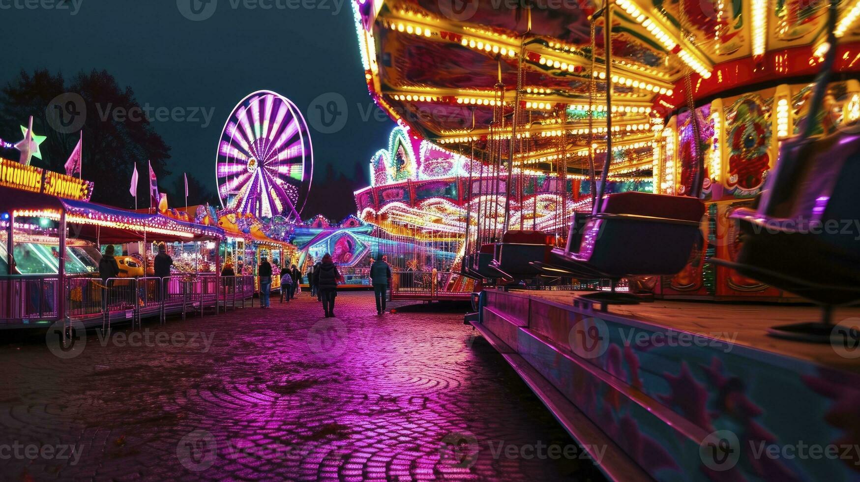 ai generado parque de atracciones y carnaval paseos y atracciones brillante a noche. foto