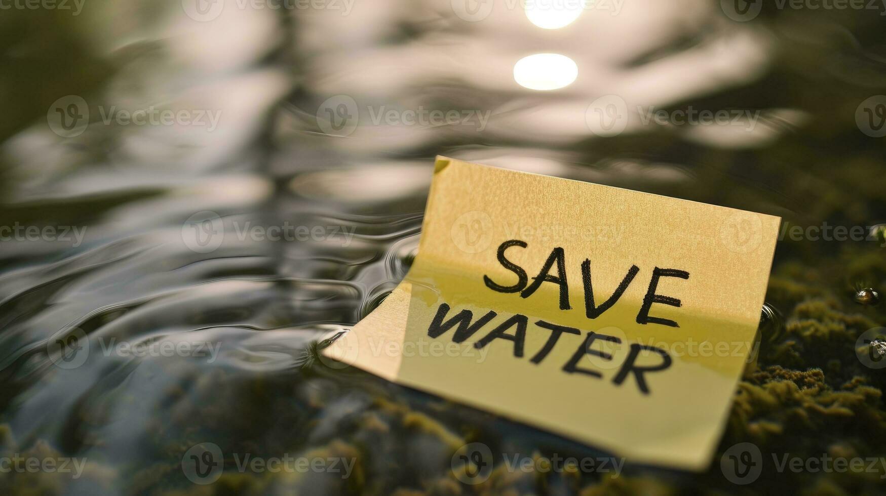 ai generado el texto salvar agua escrito en un pegajoso nota, pegajoso Nota en el agua foto