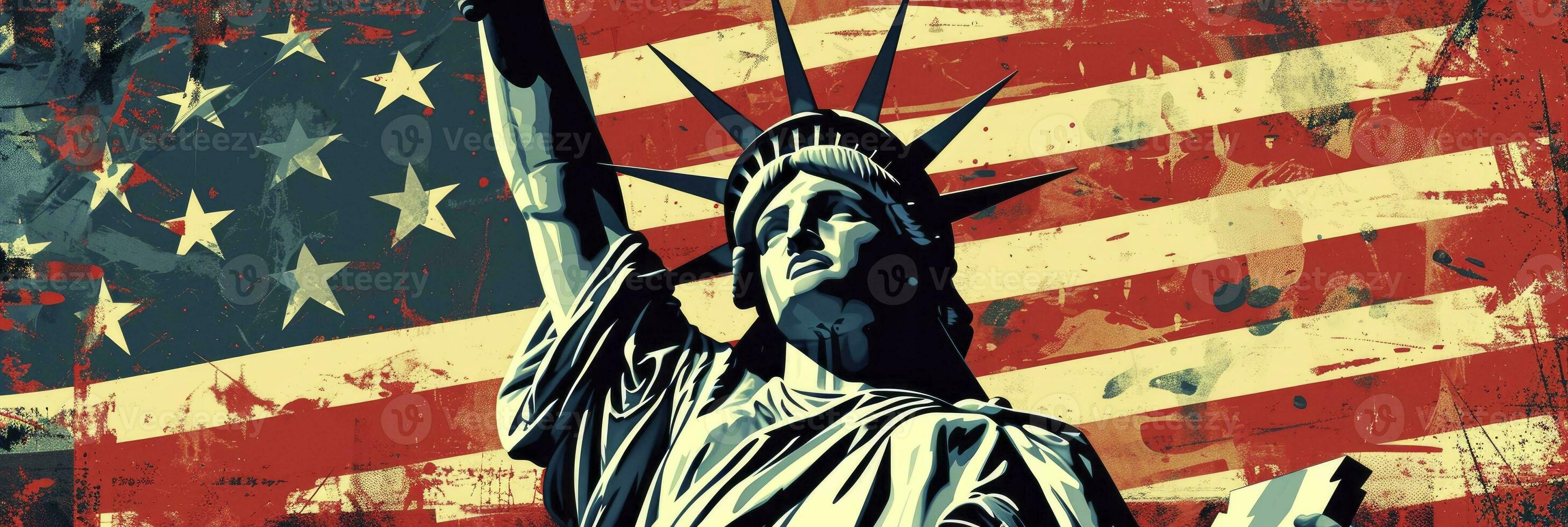 AI generated Statue of liberty against American flag background. July 4 Independence Day. photo