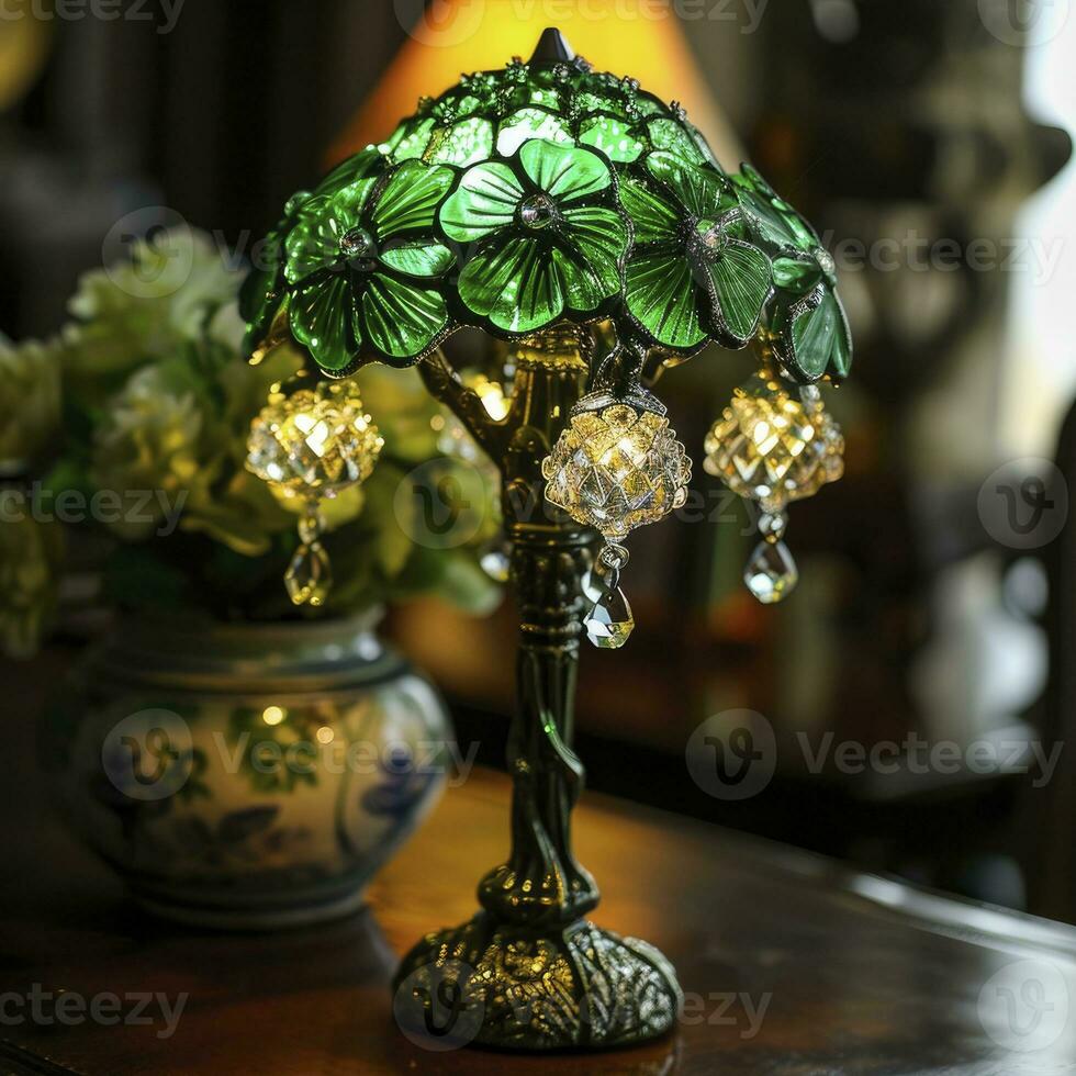 AI generated St Patrick's Day shaped table lamp, decorated with beads on the table lamp photo