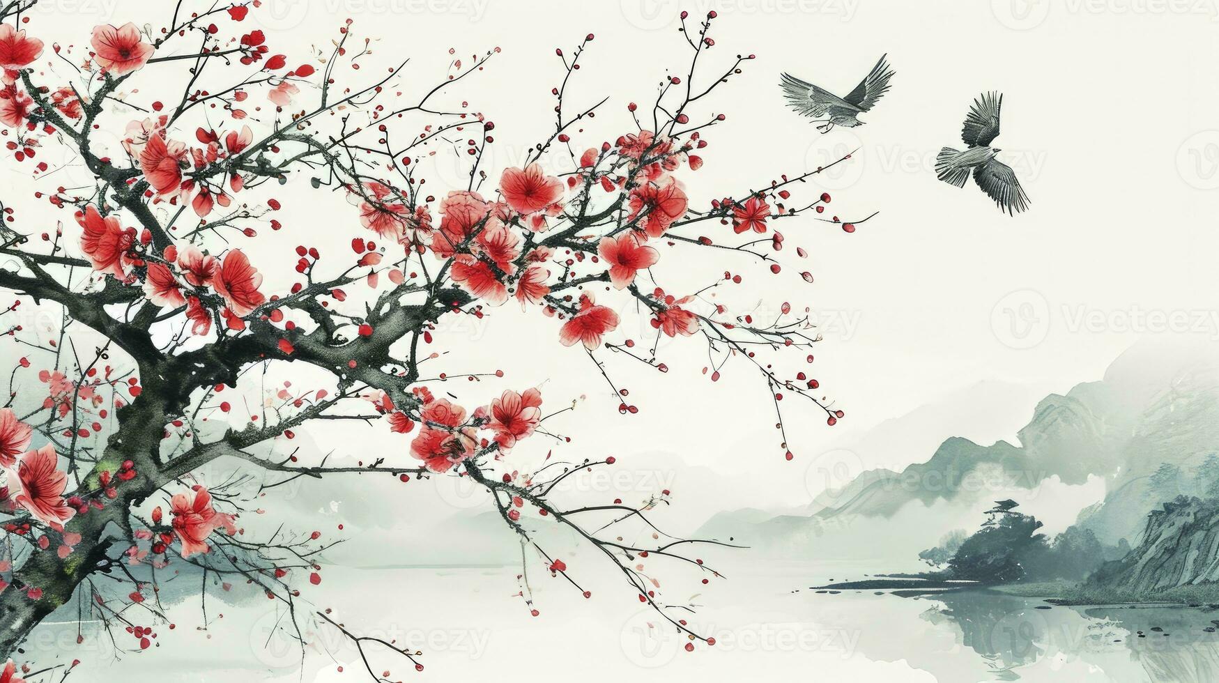 AI generated Chinese and Japanese style Water Botanical Graphic Frame photo