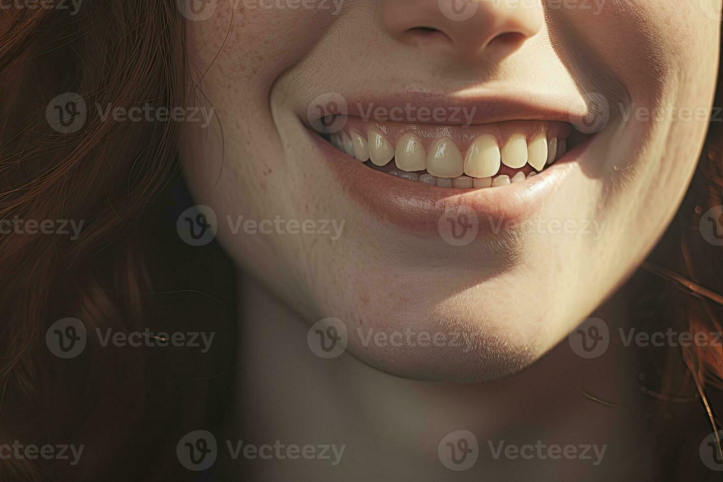 ai generado cerca arriba de un sonrisa con bonito blanco dientes. ai generado foto