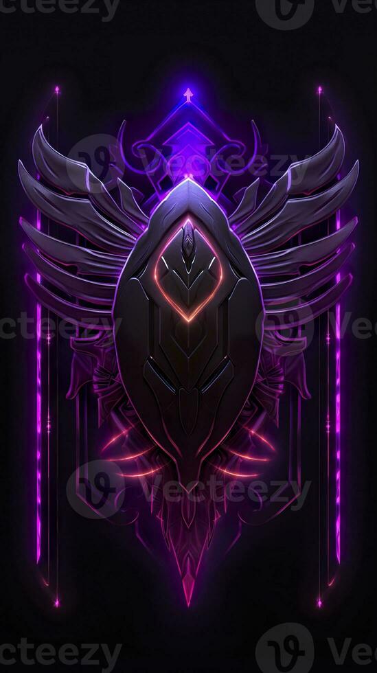 AI generated Amethyst 3D Minimalist Shield Design with a black or dark background with neon lines. AI Generative photo