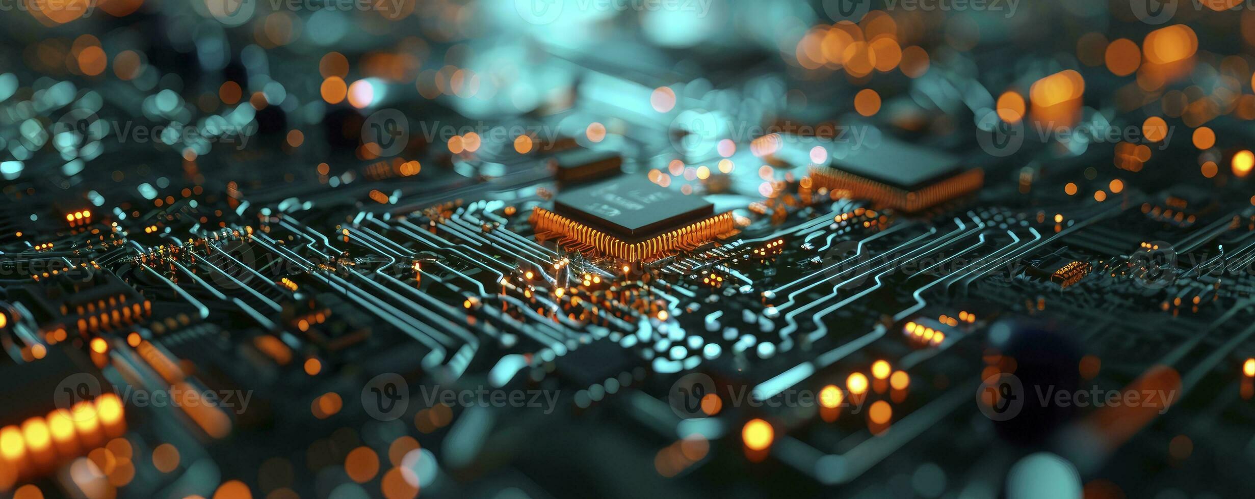 AI generated Printed circuit board futuristic serverCircuit board futuristic server code processing. Orange, green, blue technology background with bokeh. 3D Rendering photo