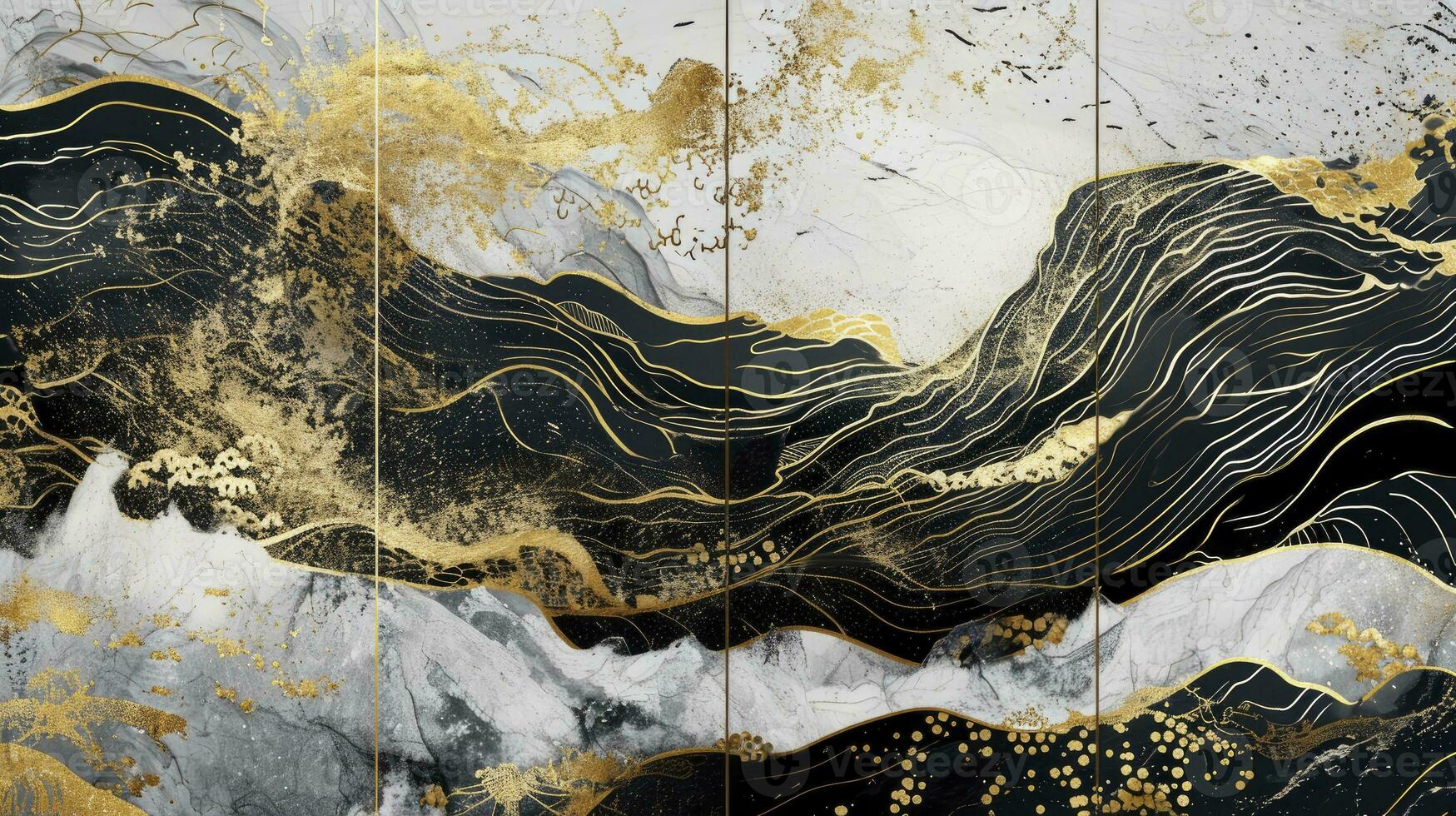 AI generated White, black and gold contemporary artistic Japanese ukiyo-e, folding screen ambience, abstract, elegant, delicate and luxurious retro dramatic graphic design elements photo