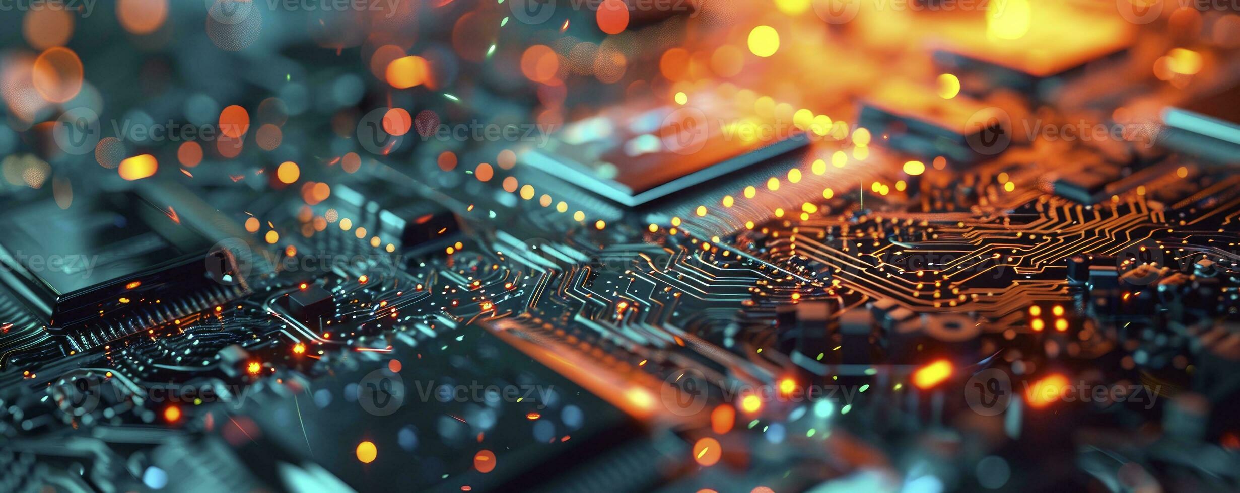 AI generated Printed circuit board futuristic serverCircuit board futuristic server code processing. Orange, green, blue technology background with bokeh. 3D Rendering photo