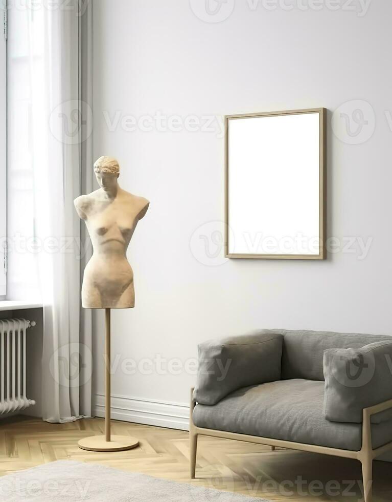 ai generado Bosquejo marco en contemporáneo escandinavo vivo habitación interior, 3d prestar. ai generativo foto