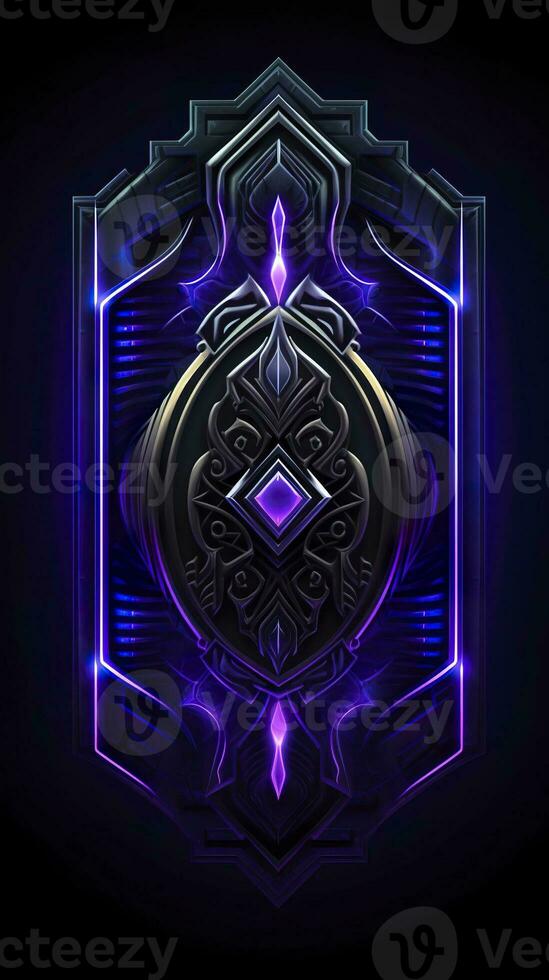 AI generated Amethyst 3D Minimalist Shield Design with a black or dark background with neon lines. AI Generative photo
