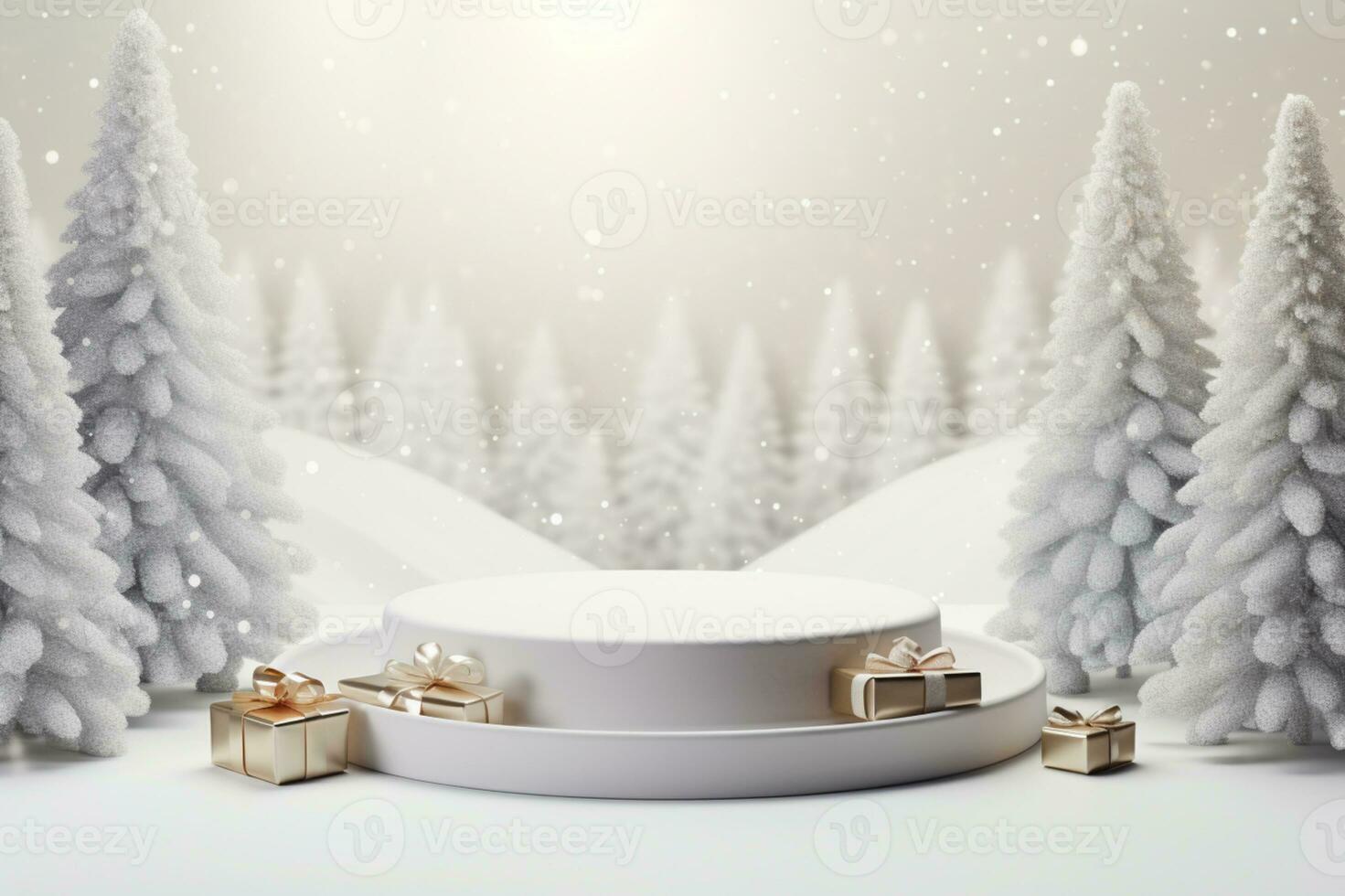 AI generated 3d rendered white and snowy Podium display for merry Christmas event photo