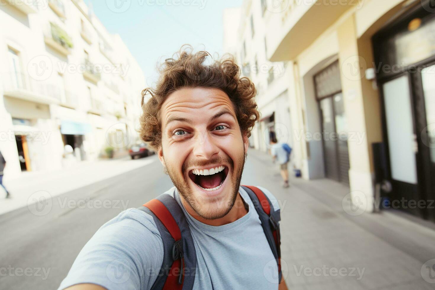 AI generated travel blogger influencer wearing glasses shooting video about travelling photo