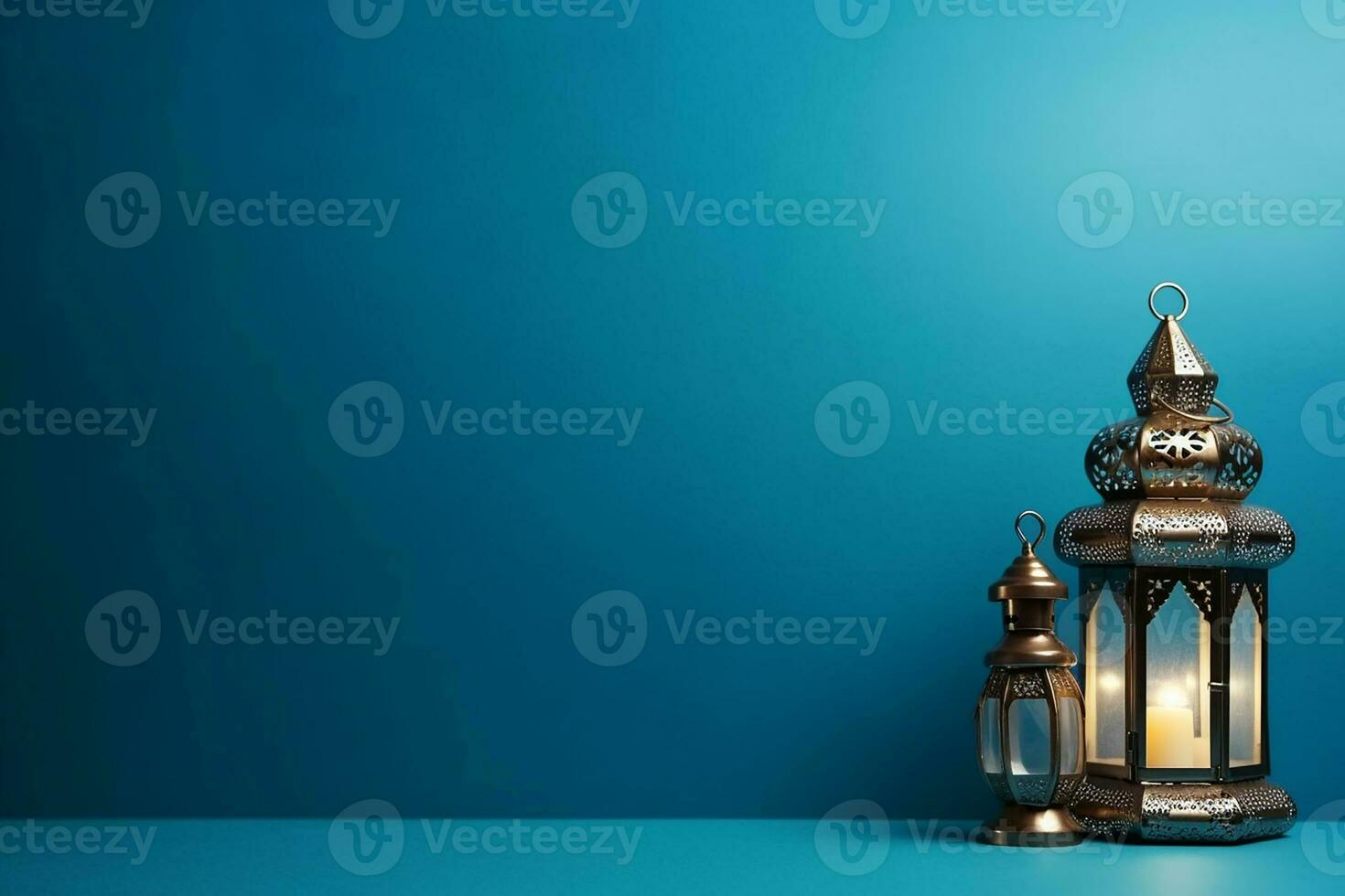 AI generated Arabic lantern glowing on blue background holy month Ramadan Kareem photo