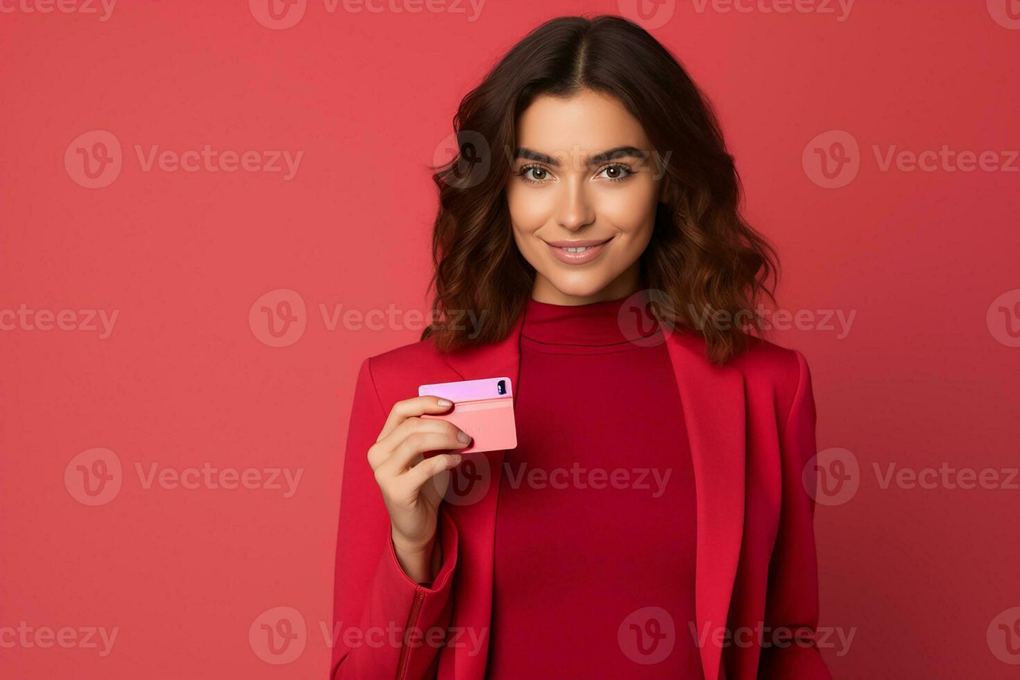 AI generated Portrait of a beautiful young woman with credit card on isolated background generative AI photo