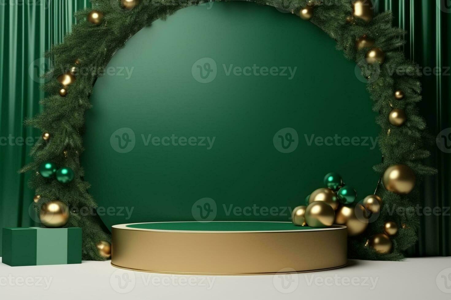 AI generated 3d rendered green Podium display for merry Christmas event photo