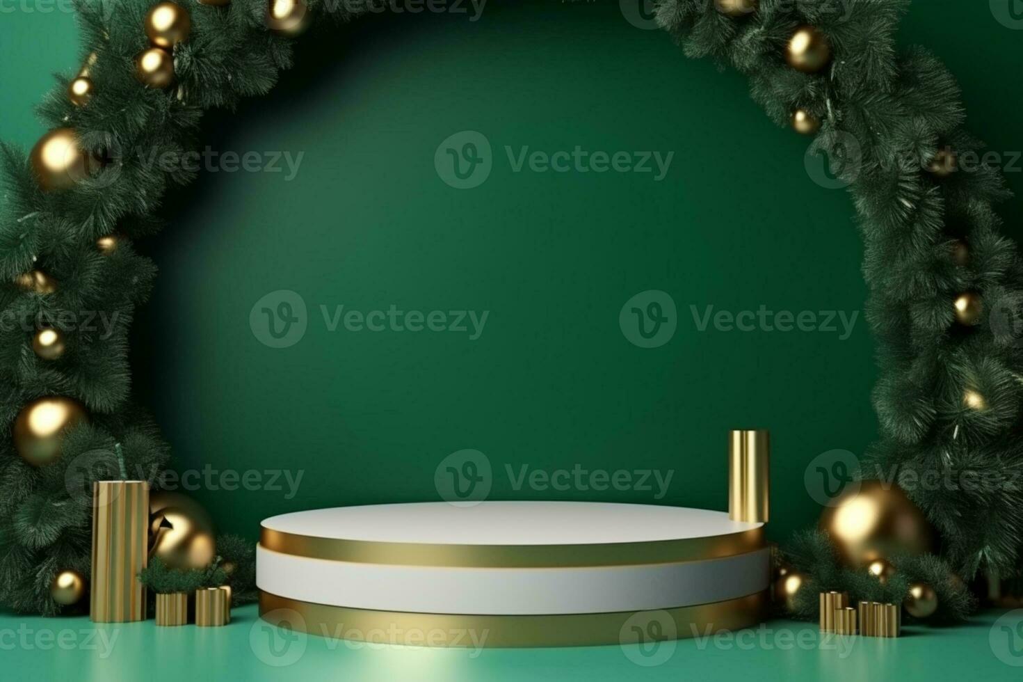 AI generated 3d rendered green Podium display for merry Christmas event photo