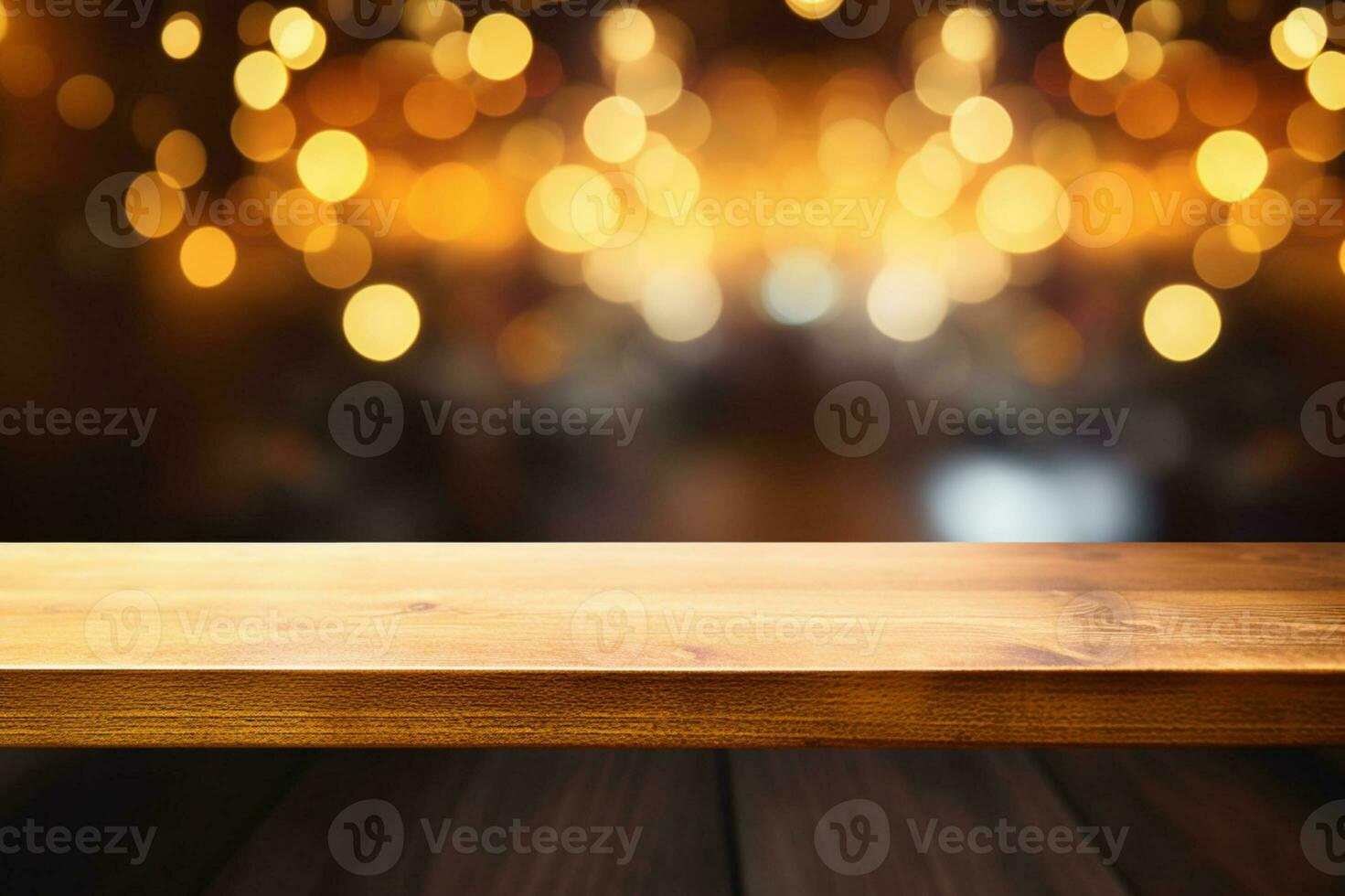 AI generated Empty rustic wooden table in front of christmas light night,abstract circular bokeh background photo