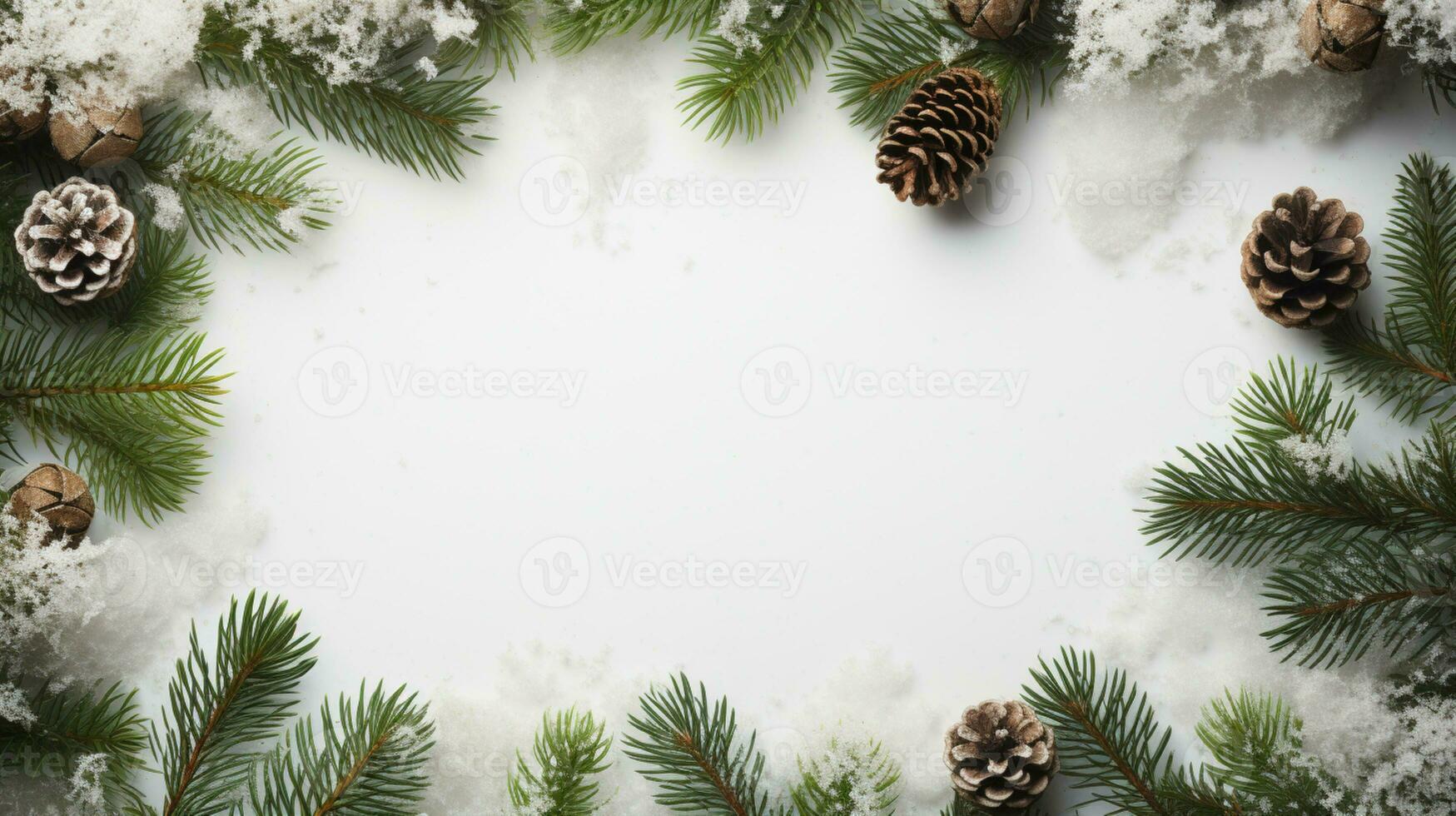 AI generated Christmas composition of fir tree branches with baubles and gifts on white background photo