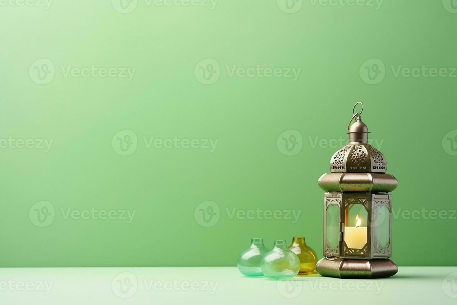 AI generated Arabic lantern glowing on pastel green background holy month Ramadan Kareem photo