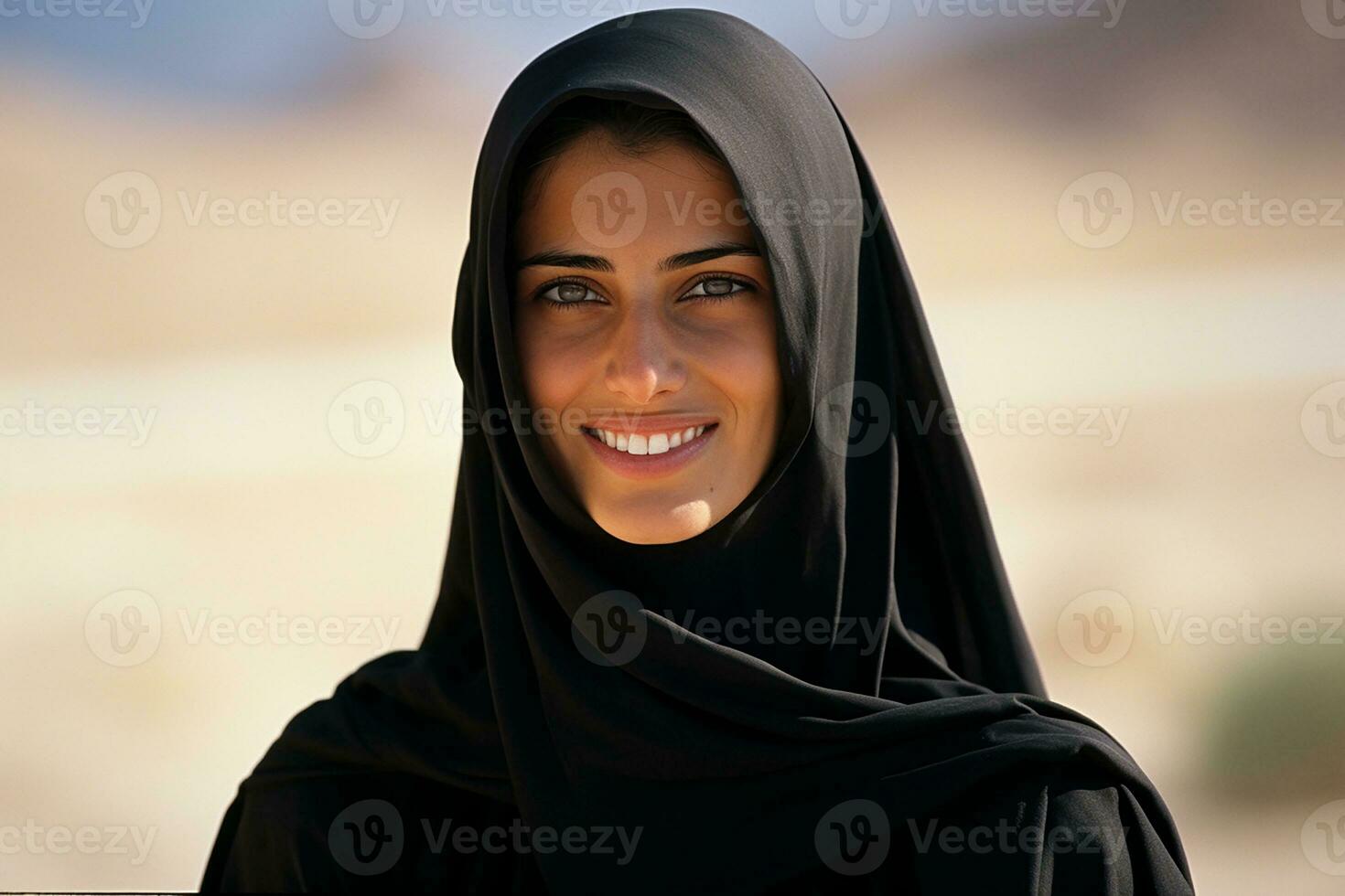 AI generated Portrait of a beautiful Muslim woman wearing hijab posing outdoors generative AI photo