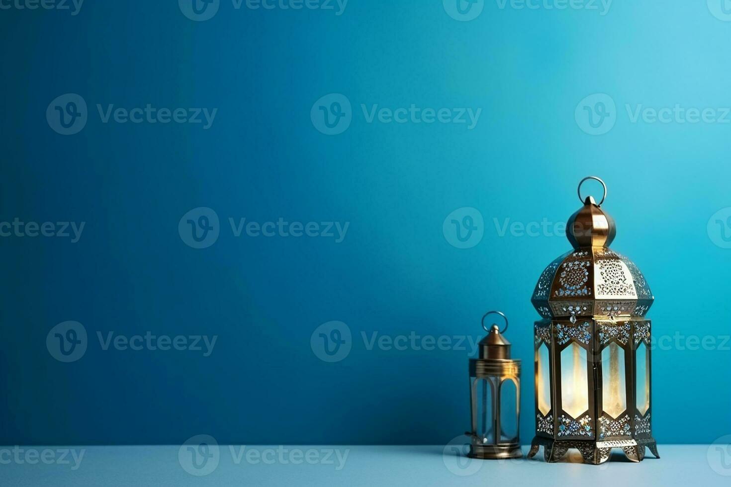 AI generated Arabic lantern glowing on blue background holy month Ramadan Kareem photo
