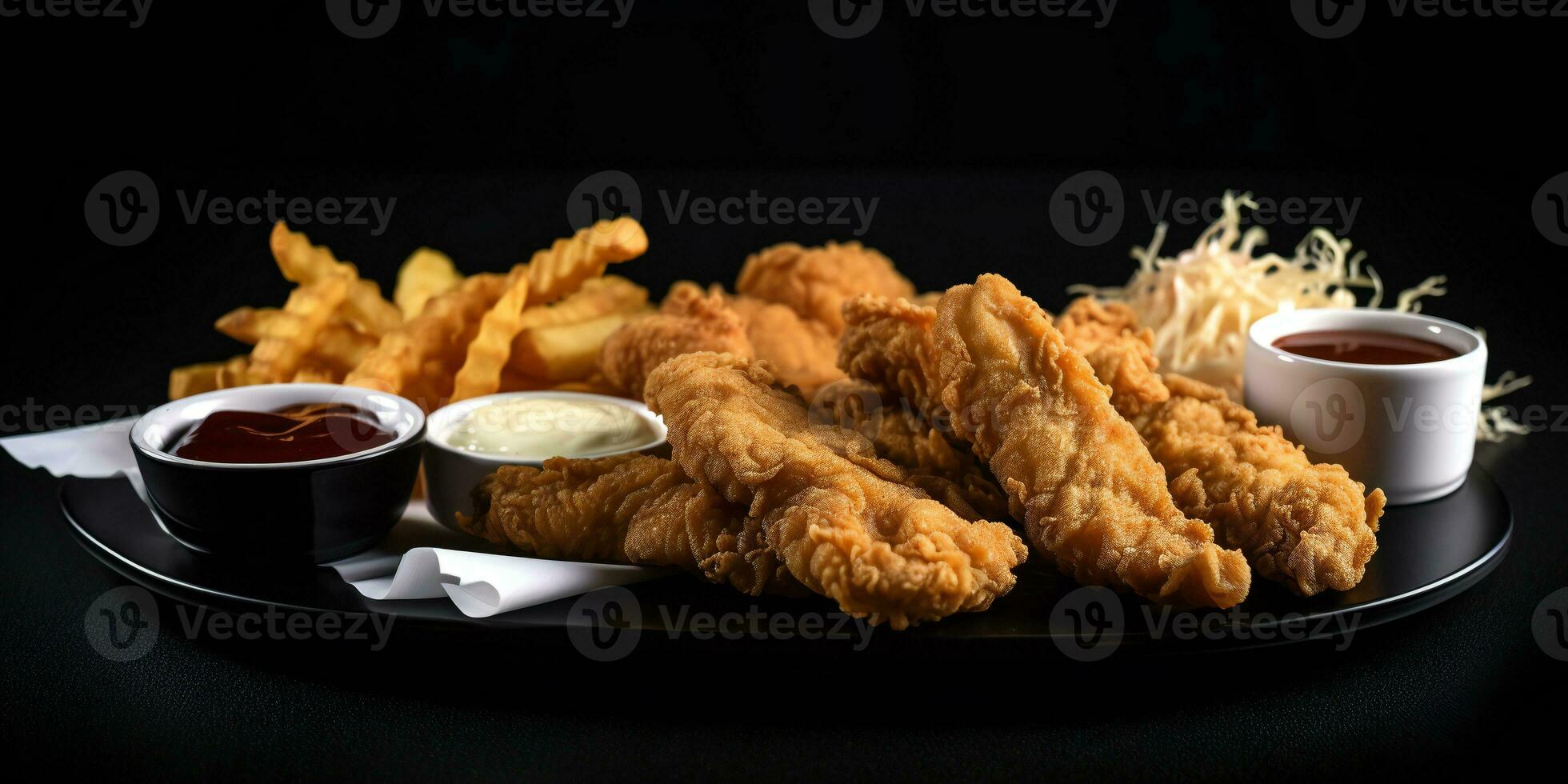 AI Generated deep-fried chicken strips with barbicuit BBQ sauce on a black background photo