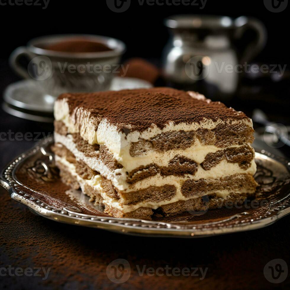 AI Generated tiramisu on a brown plate in a cafe a piece of cake photo