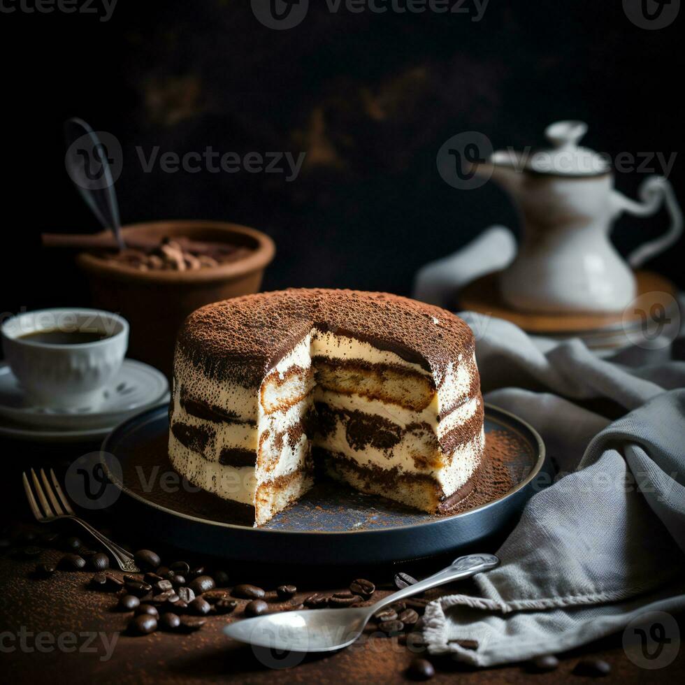 AI Generated tiramisu cake on with tole with cut off piece around cup spoon dark background photo