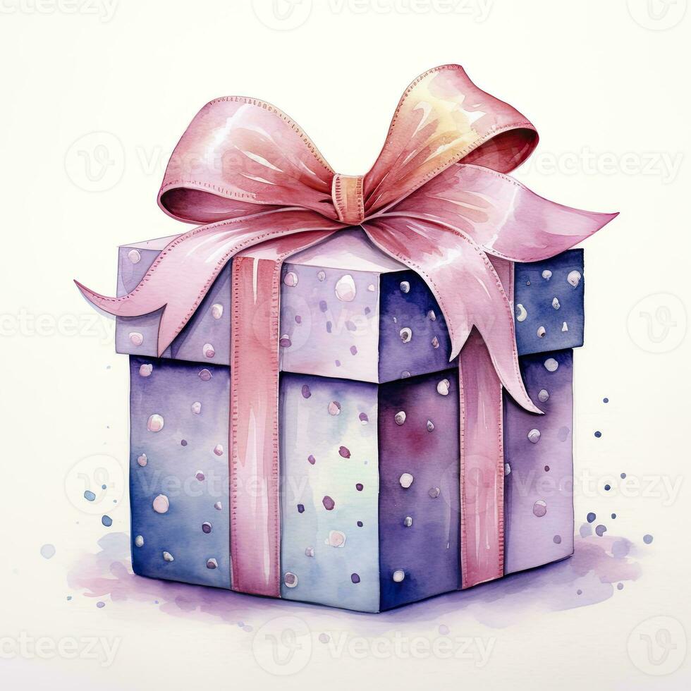 AI generated Watercolor birthday present with bow isolated on white background.  AI Generated photo