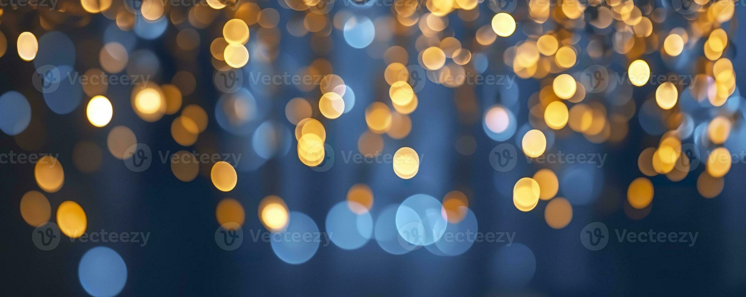 AI generated holiday illumination and decoration concept, Christmas garland bokeh lights over dark blue background. AI Generated photo