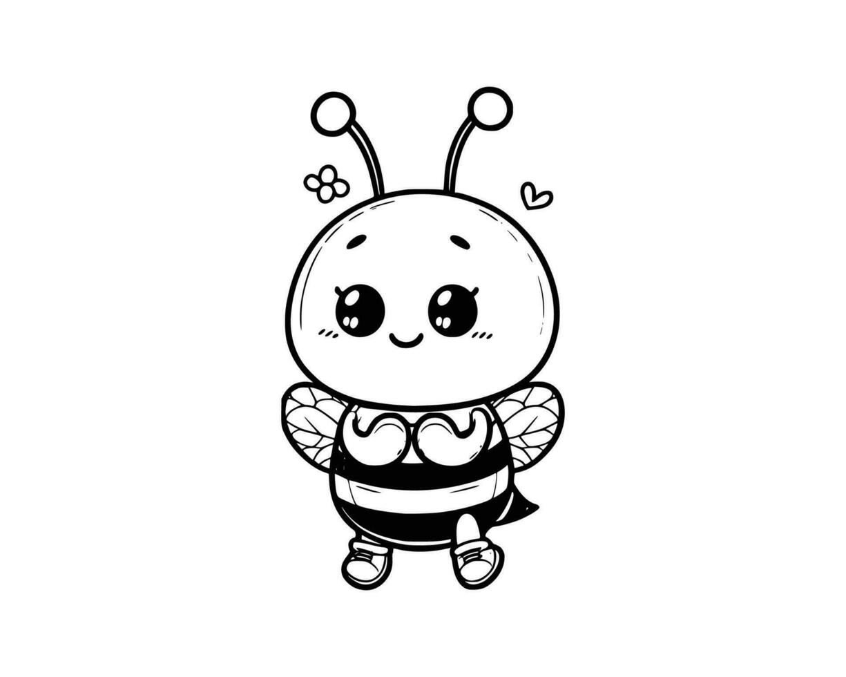 Cute Cartoon Character of bee for coloring book. outline line art. Printable Design. isolated white background vector