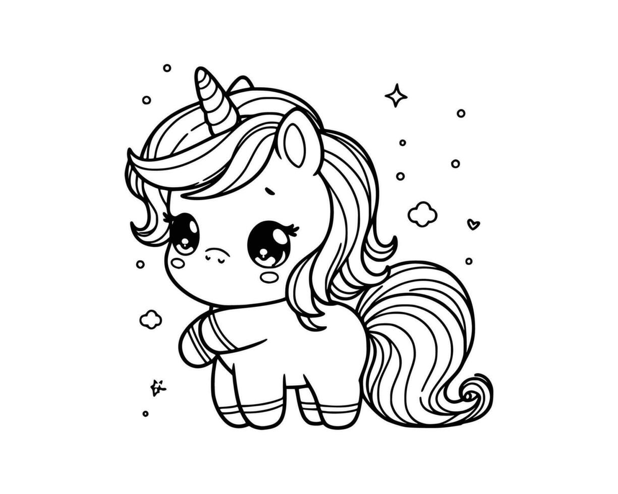 Cute Cartoon Character of unicorn for coloring book. outline line art. Printable Design. isolated white background vector