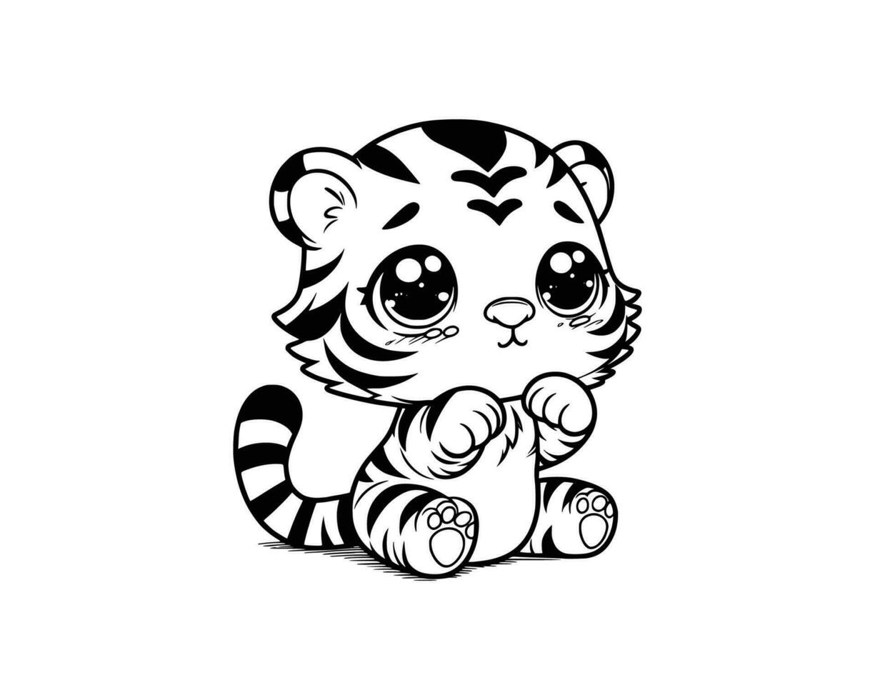 Cute Cartoon Character of tiger for coloring book. outline line art. Printable Design. isolated white background vector