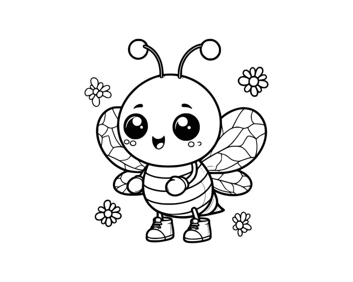 Cute Cartoon Character of bee for coloring book. outline line art. Printable Design. isolated white background vector