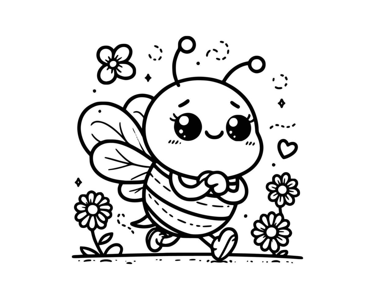 Cute Cartoon Character of bee for coloring book. outline line art. Printable Design. isolated white background vector