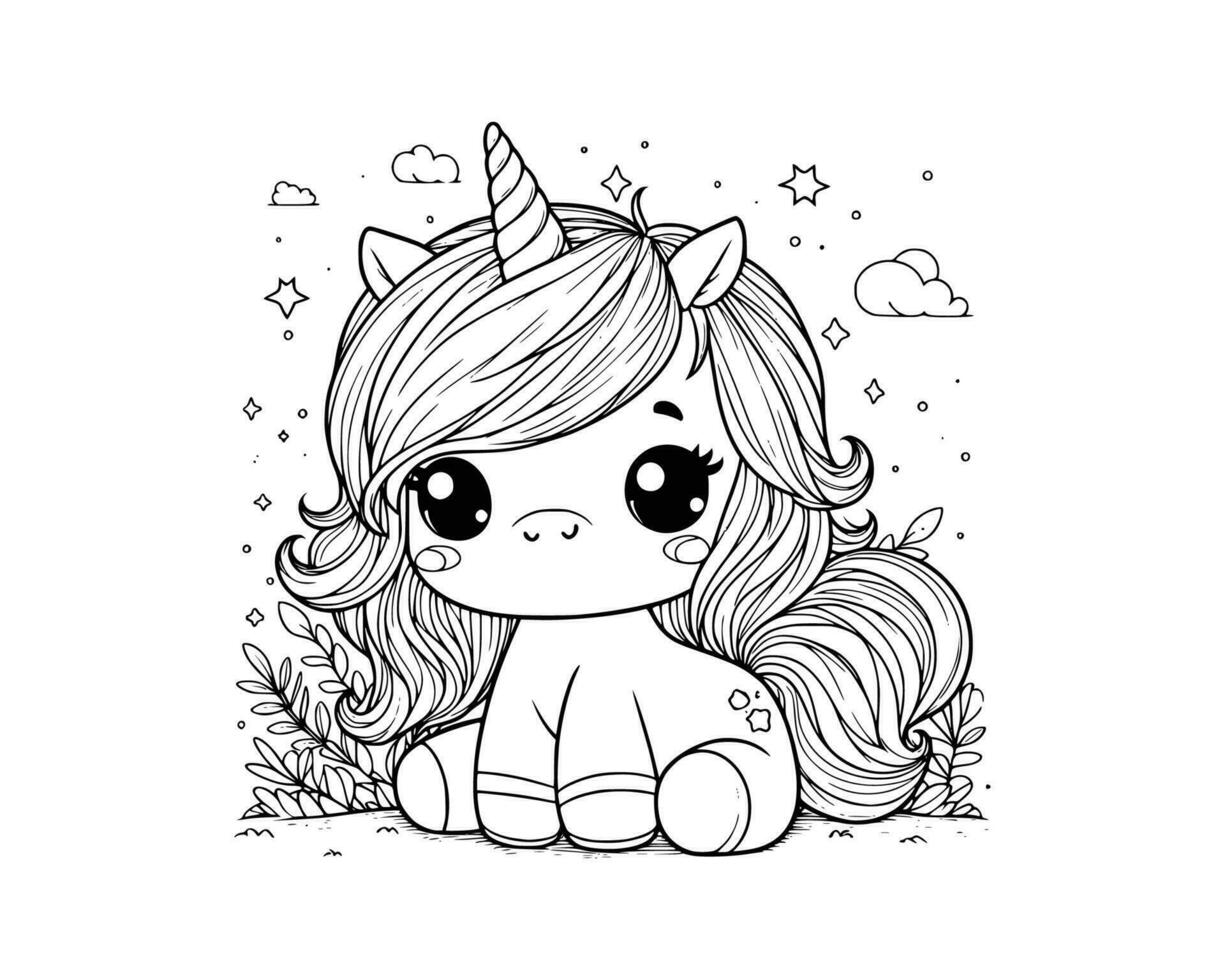 Cute Cartoon Character of unicorn for coloring book. outline line art. Printable Design. isolated white background vector