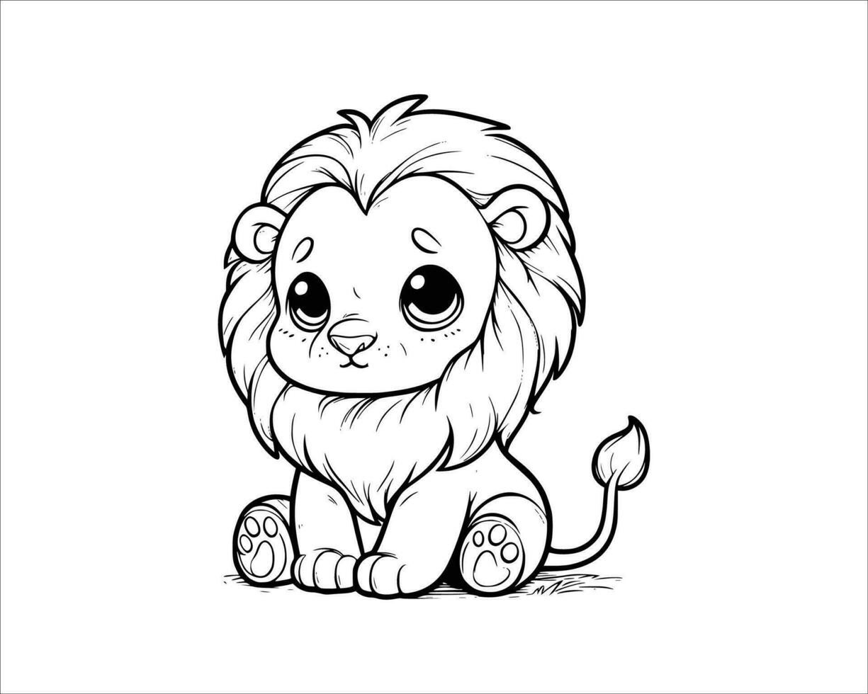 Cute Cartoon Character of lion for coloring book without color, line art.  Printable Design. isolated white background vector