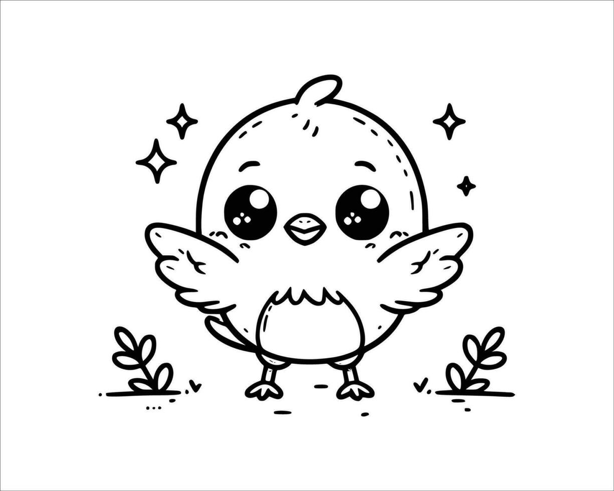 Cute Cartoon Character of bird for coloring book without color, line art.  Printable Design. isolated white background vector