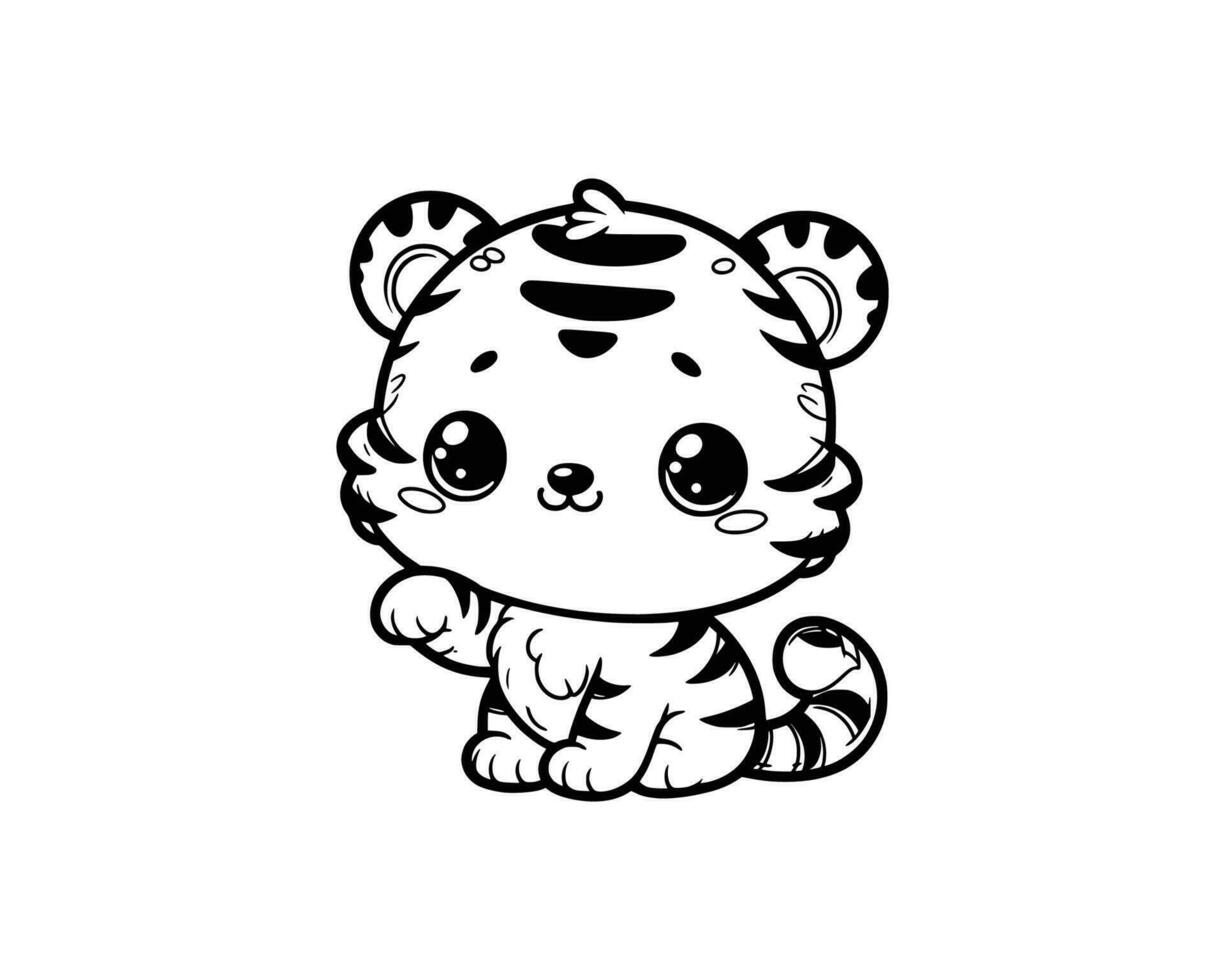 Cute Cartoon Character of tiger for coloring book. outline line art. Printable Design. isolated white background vector