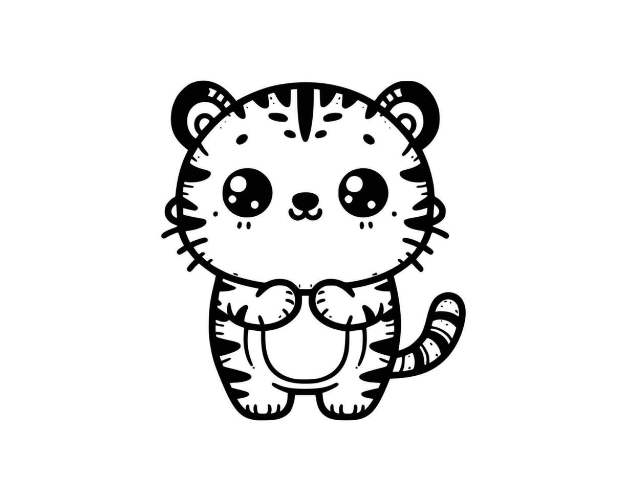 Cute Cartoon Character of tiger for coloring book. outline line art. Printable Design. isolated white background vector