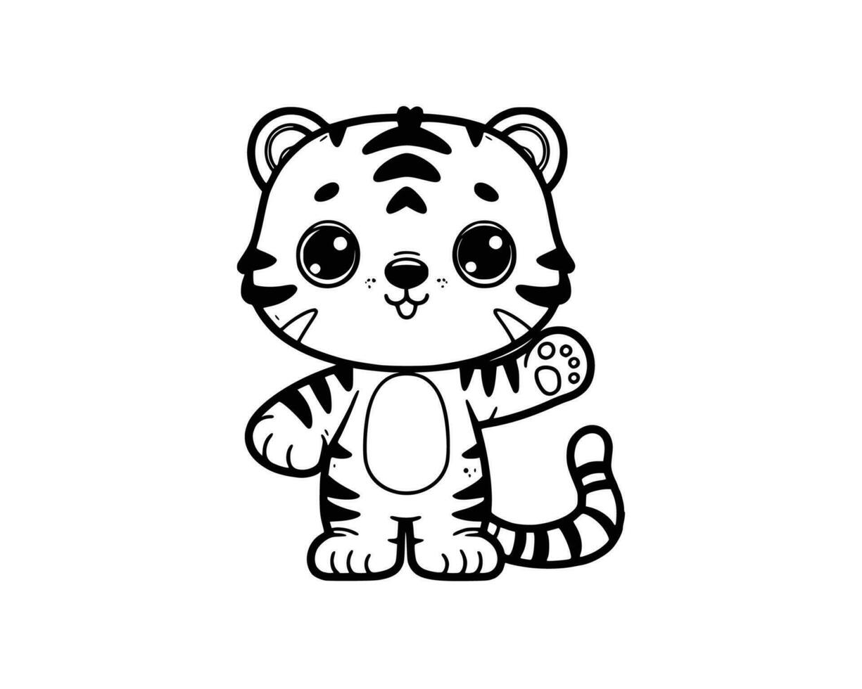 Cute Cartoon Character of tiger for coloring book. outline line art. Printable Design. isolated white background vector