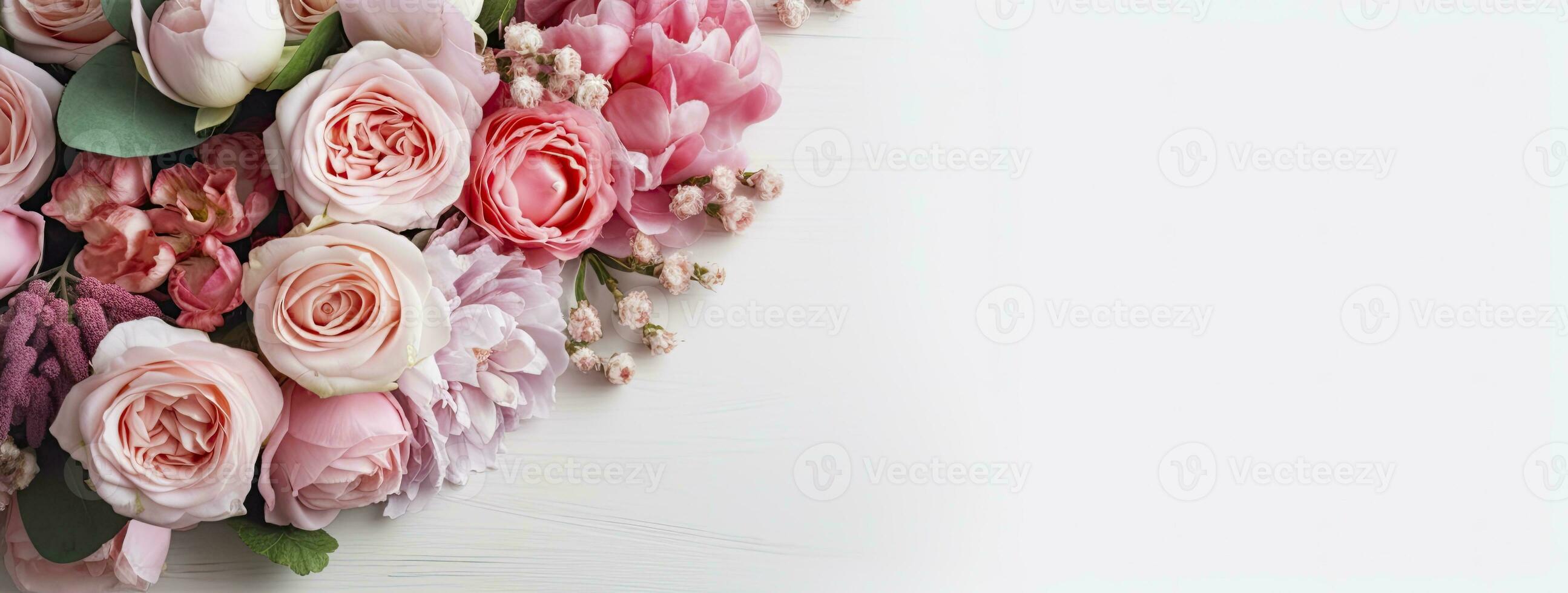 AI generated Fresh bunch of pink peonies and roses with copy space. AI Generated photo