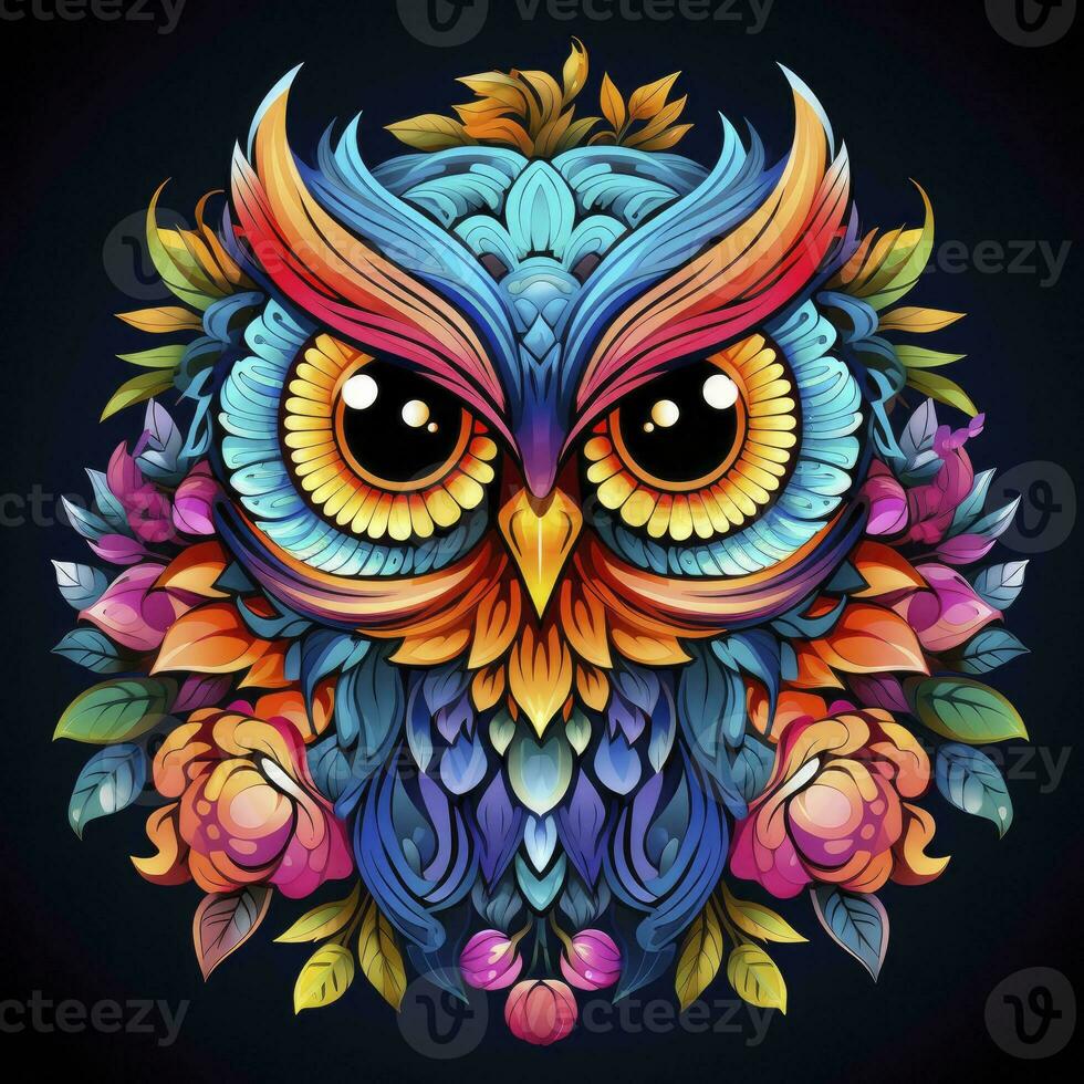 AI generated Multicolored mandala owl coloring page for adults. AI Generated photo