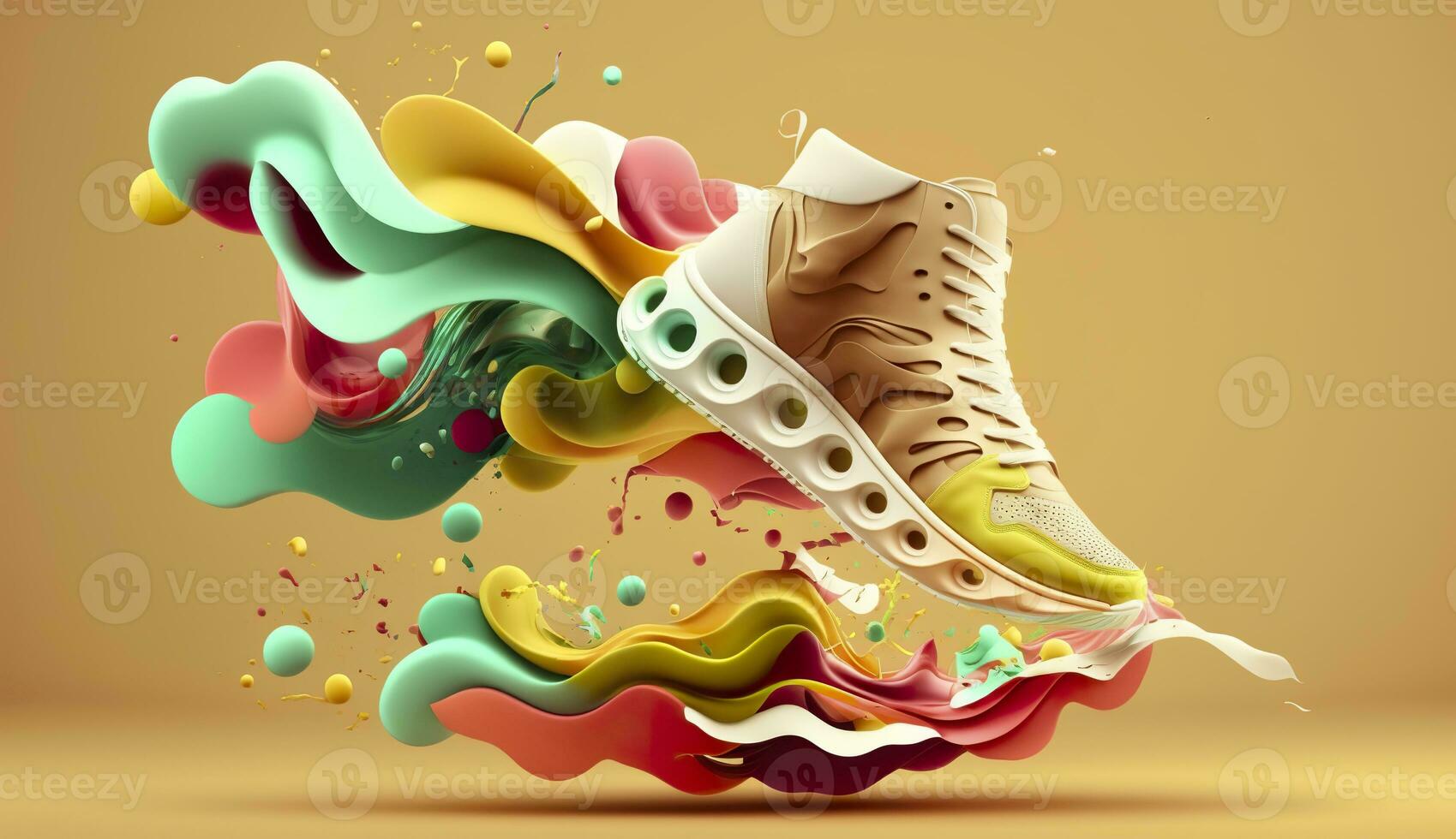 AI generated Flying trendy sneakers on creative colorful background, Stylish fashionable concept. AI Generated photo