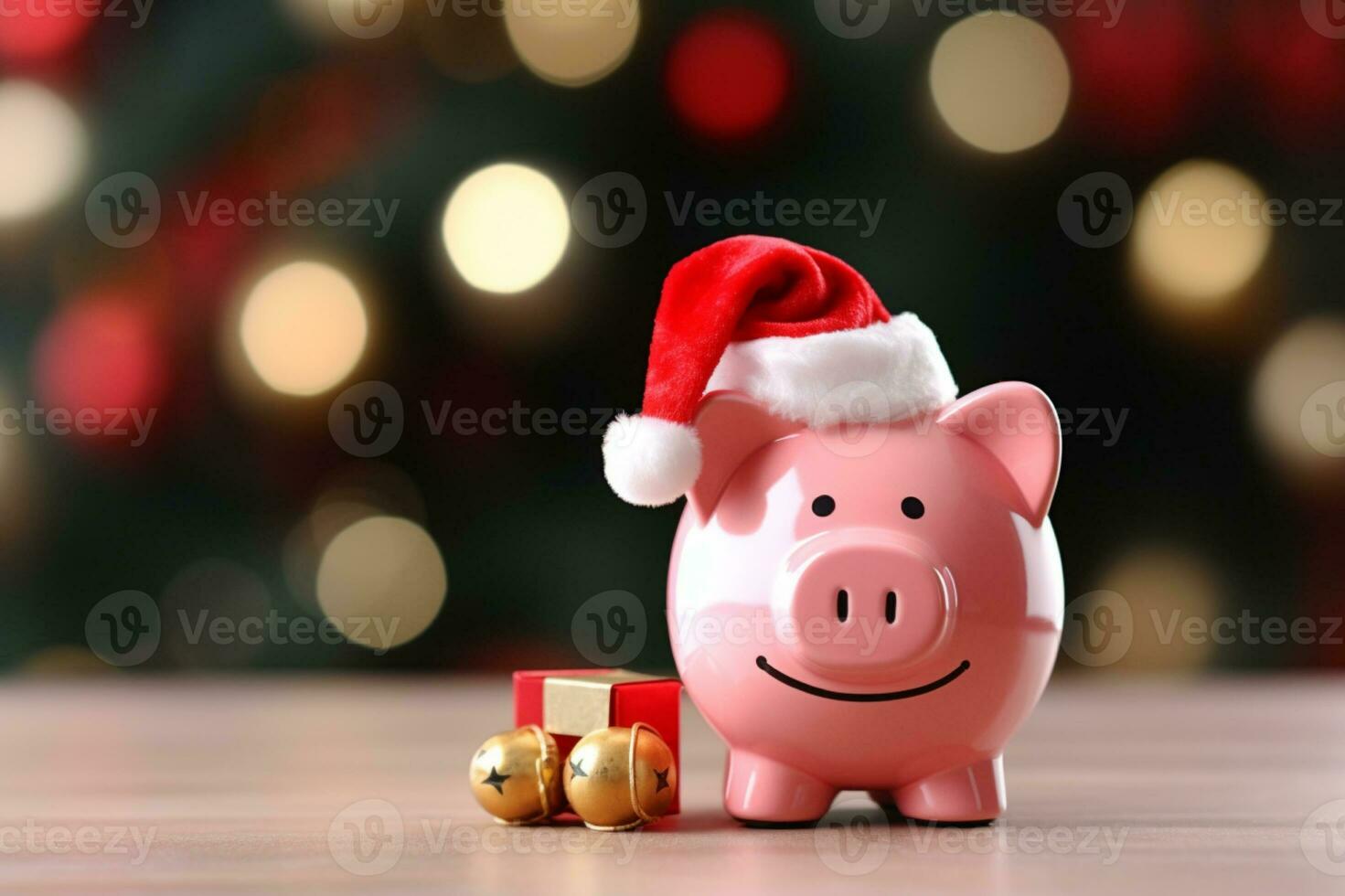 ai generado cerdito banco con Papa Noel sombrero para Navidad gasto presupuesto y dinero administración foto