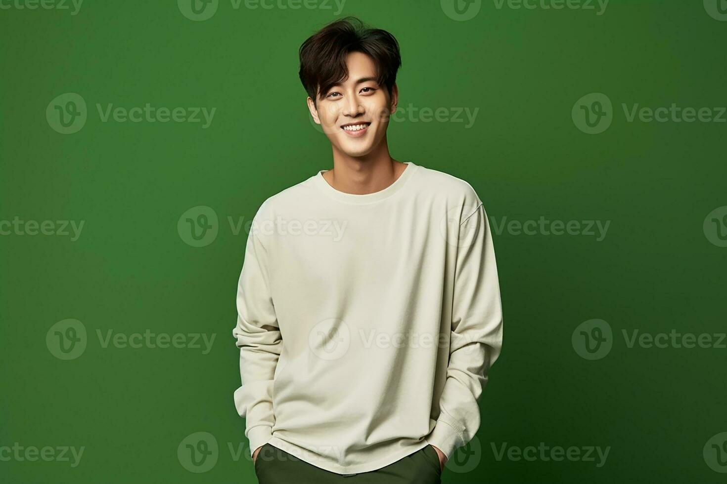 AI generated portrait of young asian man posing on green background photo